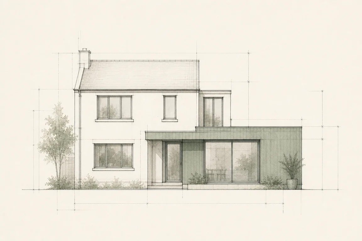 Architectural sketch of a house with a new extension