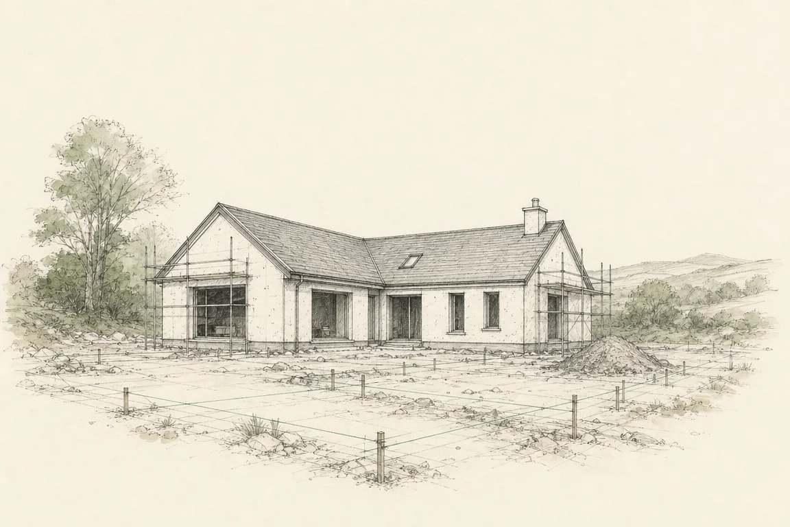 Architectural sketch of a self-build house under construction